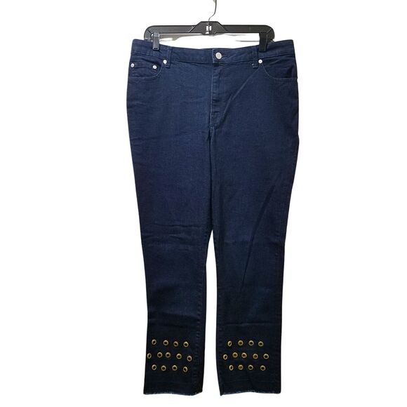 Denim 24/7 Grommet Jeans Women's 14W Blue Ankle Stretch Denim Raw Hem (Altered) - Picture 1 of 7